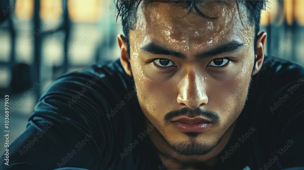 A portrait of an athlete sitting on a bench post-workout, sweat on their brow, with the blurred background of a gym highlighting their focused expression. A portrait of an athlete sitting on a bench post-workout, sweat on their brow, with the blurred background of a gym highlighting their focused expression.