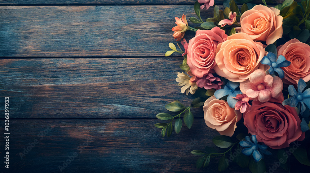 wooden background with flowers around the edges and pruning shears,Bouquet of colorful roses on a wooden background wooden background with flowers around the edges and pruning shears,Bouquet of colorful roses on a wooden background
