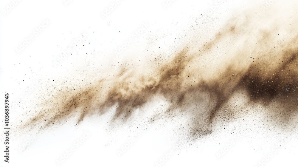 A powerful dust cloud of flying sand particles, swirling in a sandstorm-like formation, isolated on a bright white background, showcasing the raw movement and texture of sand in motion. A powerful dust cloud of flying sand particles, swirling in a sandstorm-like formation, isolated on a bright white background, showcasing the raw movement and texture of sand in motion.