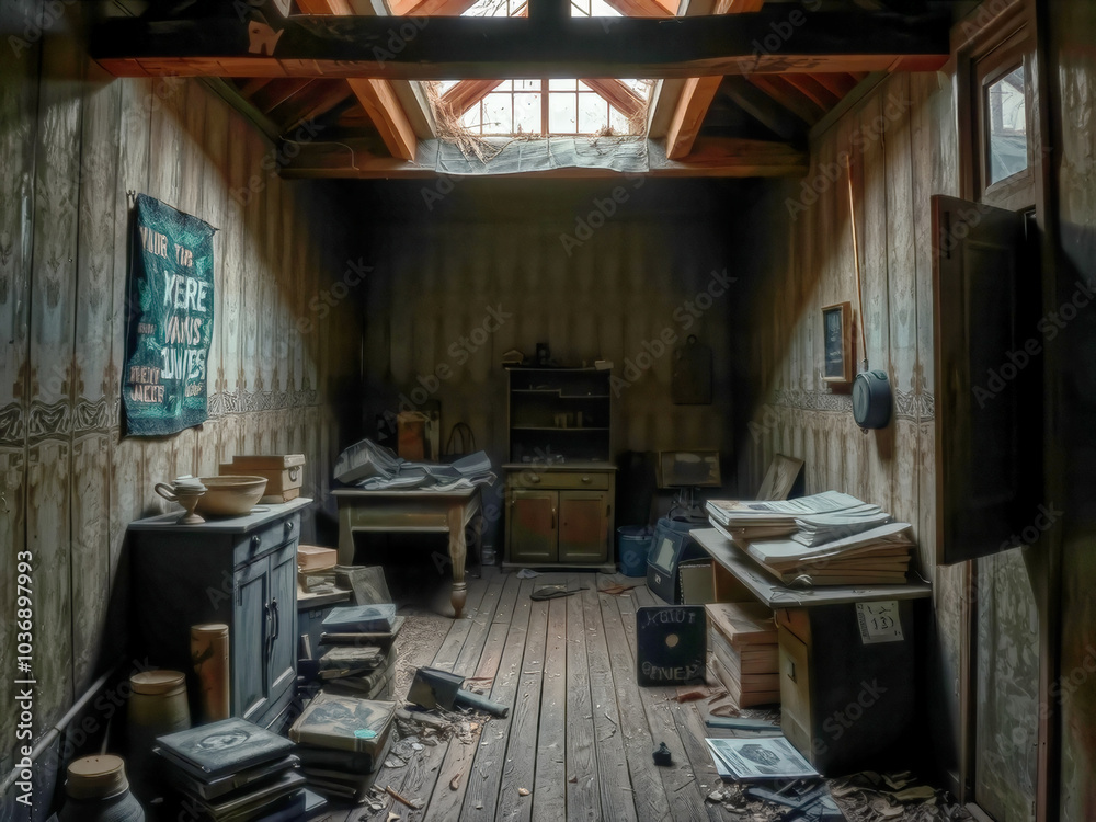 A room with a sign on the wall that says