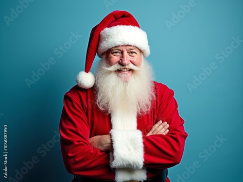 Smiling Santa Claus with a fluffy white beard wearing a red suit against a blue background during the holiday season