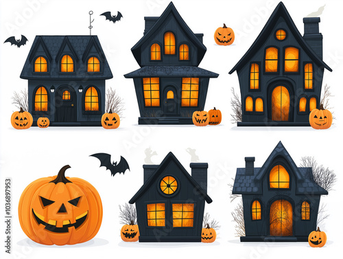 Wallpaper Mural Set of Cute Halloween Houses with Pumpkins and Bats Torontodigital.ca