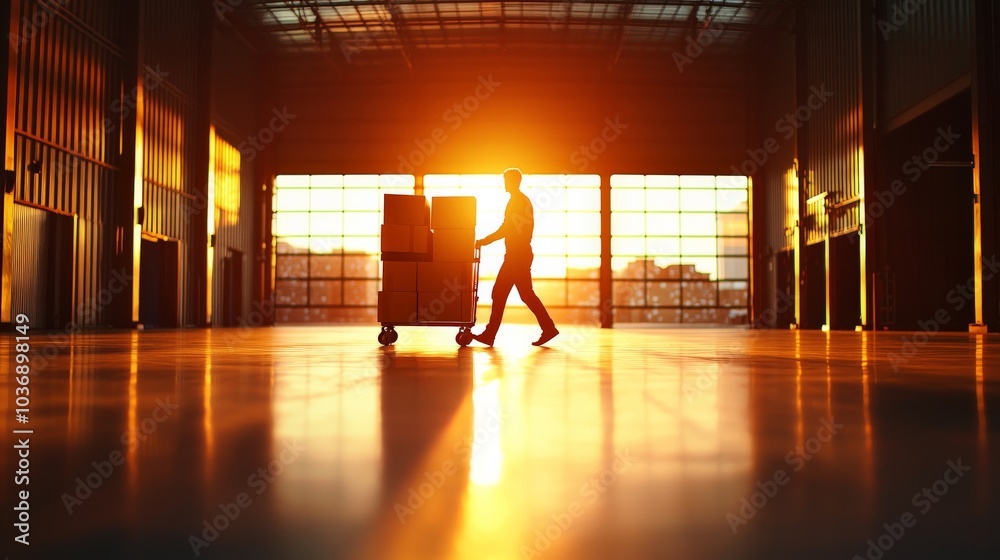 A silhouette of a delivery courier pushing a trolley loaded with stacked cardboard boxes, walking through a warehouse with large industrial doors in the background A silhouette of a delivery courier pushing a trolley loaded with stacked cardboard boxes, walking through a warehouse with large industrial doors in the background