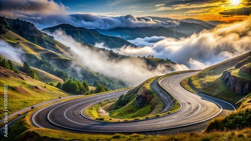 Winding mountain road rapidly descends into valley, asphalt curves blending with rugged landscape, tire tracks vanish into distant horizon, misty atmosphere surrounds.