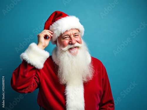 Jolly man in a red Santa suit with a big beard poses cheerfully against a blue background during the holiday season