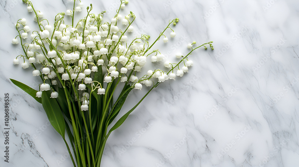 Obraz premium Cluster of Lily of the Valley flowers with vibrant green leaves on a light gray background,Summer spring bouquet with white forest lilies of valley