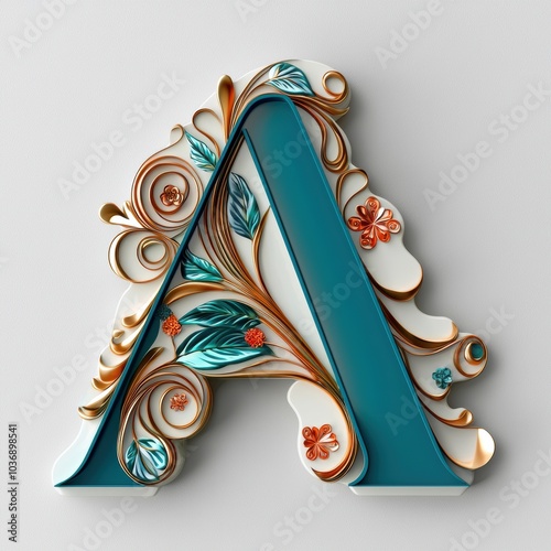 Elegant 3D Letter A with Floral Accents in Teal and Gold