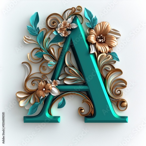 Elegant 3D Letter A with Floral Accents in Teal and Gold