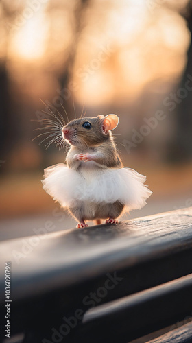 Tiny rat dressed as a ballet dancer posing gracefully in an outdoor setting, blending the charm of a miniature ballerina with whimsical fantasy in a soft, natural scene. photo