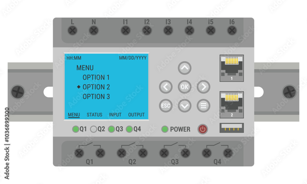 Obraz premium Programmable logic controller mounted on a DIN rail. PLC controller for electric illustrations or control schemas