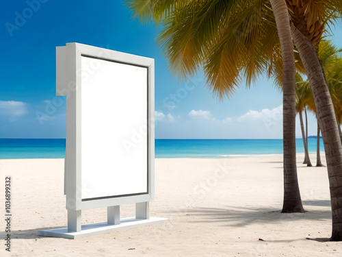 Mock up, a clean billboard on the beach near palm trees and the ocean