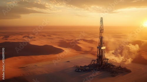 A majestic oil derrick standing tall in the heart of an expansive desert