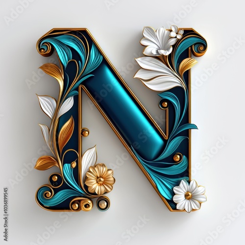 Elegant 3D Letter N with Floral Accents in Teal and Gold