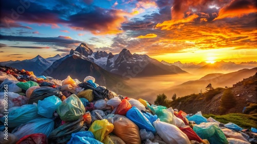 Vibrant plastic waste bags contrast starkly with majestic mountains at dawn, emphasizing humanity's impact on nature and urgency for environmental conservation and responsible waste management. photo