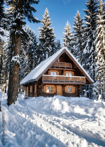 Wooden chalet in sunny winter forest with snow cover. Country house made of wood in natural area covered with fresh snow. Idea for Christmas holidays.