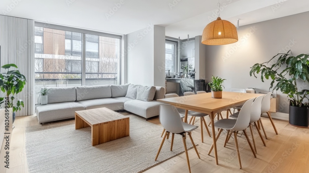 Fototapeta premium A seamless transition between a Scandinavian living room and dining area, with a simple light grey couch, wooden coffee table, and a dining table surrounded by minimalist white chairs.