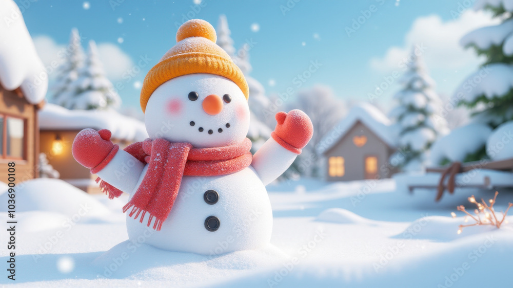 Fototapeta premium Cute snowman in the 3D cartoon Christmas snow
