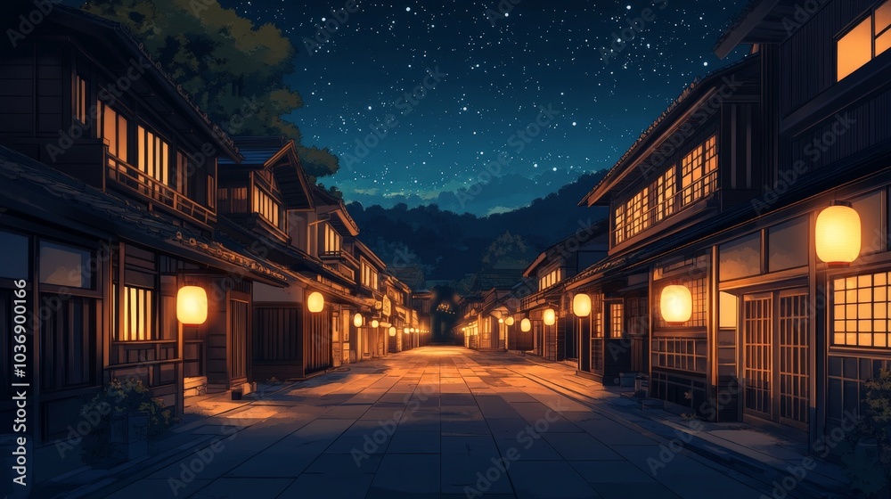 A serene night view of a traditional Japanese street, lanterns glowing softly, illuminating the wooden facades of houses, with a clear starry sky above, evoking a peaceful, mystical atmosphere. A serene night view of a traditional Japanese street, lanterns glowing softly, illuminating the wooden facades of houses, with a clear starry sky above, evoking a peaceful, mystical atmosphere.