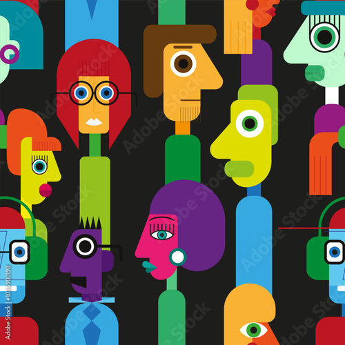 Abstract geometric cubist inspiration composition of people faces. Colorful haracters collection. Seamless pattern. Vector illustration for prints, card, web, digital concept, poster