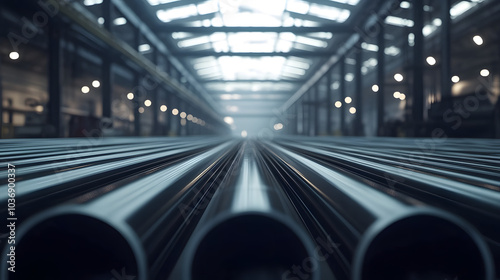 Systematically Arranged Industrial Steel Pipes in Large Warehouse, Ideal for Modern Wallpaper Patterns