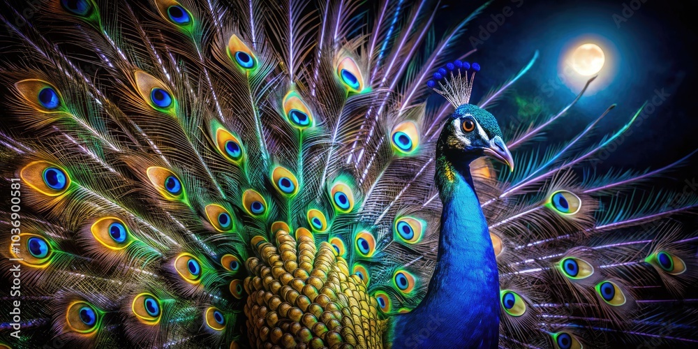 Obraz premium Stunning Close-Up Portrait of a Colorful Peacock with Vibrant Feathers in Night Photography, Showcasing the Intricate Details and Luminous Colors of Nature's Beauty at Night