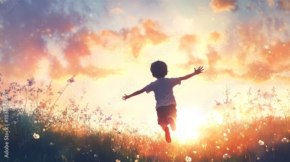 A silhouette of a little boy running with his arms open in a meadow, the sun setting behind him and the sky filled with beautiful pastel hues, capturing the joy of childhood. A silhouette of a little boy running with his arms open in a meadow, the sun setting behind him and the sky filled with beautiful pastel hues, capturing the joy of childhood.