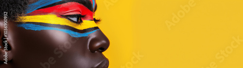 Closeup profile with bold tribal face paint on vibrant yellow background. Minimal stylish banner or header design 