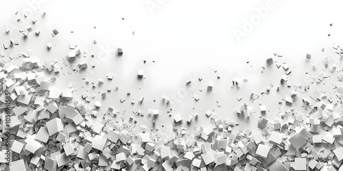 An abstract composition of white 3D cubes scattered in a dynamic fashion, creating a sense of movement and depth against a clean, bright background.