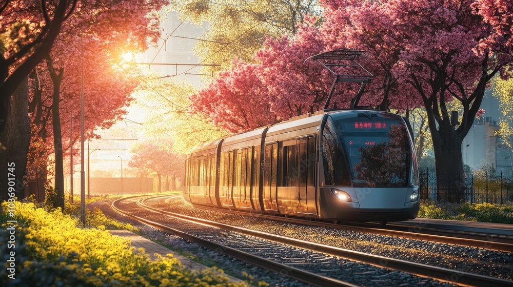 A sleek electric train moving through an urban park, surrounded by vibrant trees in spring bloom, with sunlight filtering through. A sleek electric train moving through an urban park, surrounded by vibrant trees in spring bloom, with sunlight filtering through.