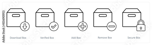 A set of 5 mix icons as download box, verified box, add box