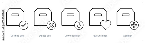 A set of 5 mix icons as verified box, delete box, download box
