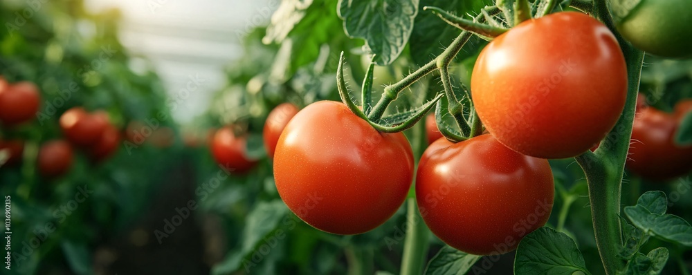 Vibrant red tomatoes ripening in a lush greenhouse a close-up look at nature's bounty and sustainable farming practices Vibrant red tomatoes ripening in a lush greenhouse a close-up look at nature's bounty and sustainable farming practices