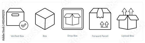 A set of 5 mix icons as verified box, box, drop box