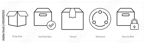 A set of 5 mix icons as drop box, verified box, parcel