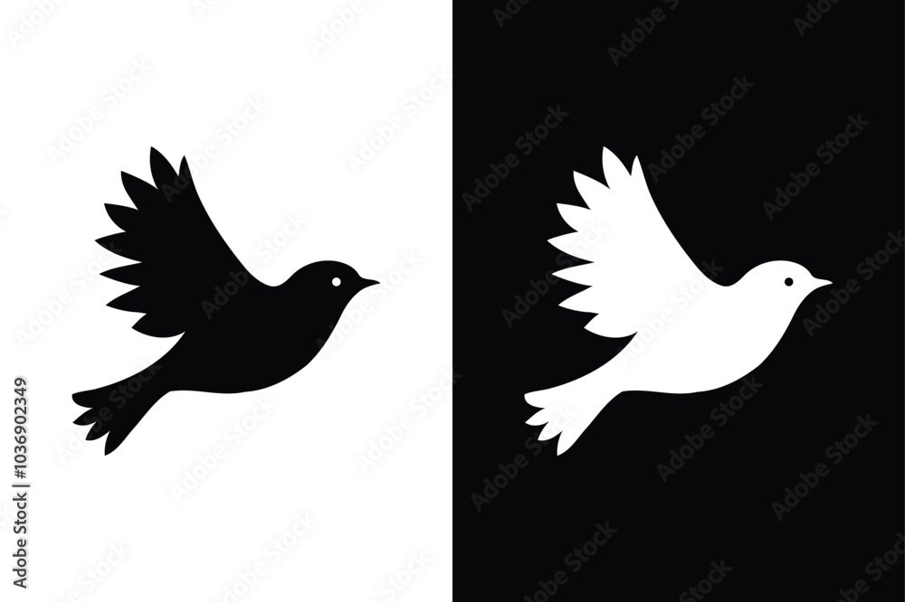 Obraz premium Birds black and white royalty free vector icon silhouettes. Dove Icon on Black and White Vector Background.