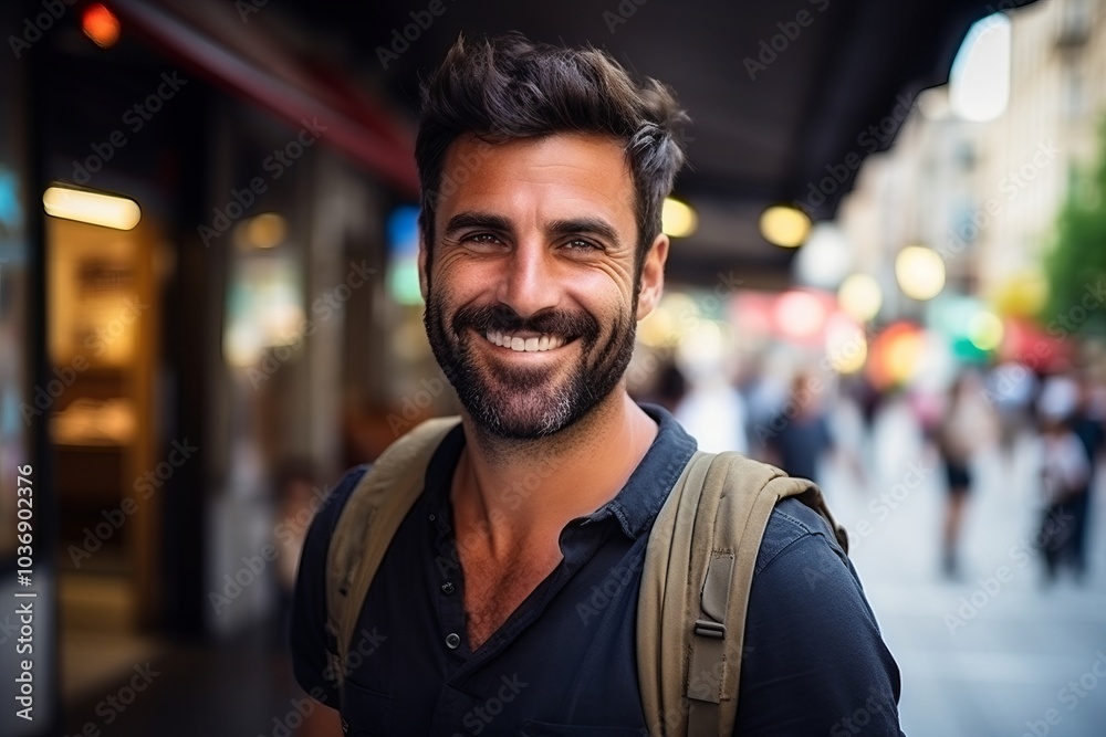 Handsome man with backpack walking in a city street and smiling Handsome man with backpack walking in a city street and smiling