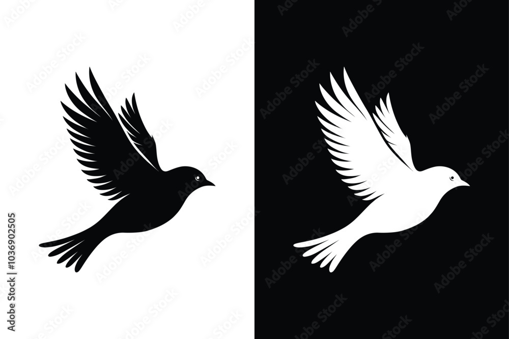 Fototapeta premium Birds black and white royalty free vector icon silhouettes. Dove Icon on Black and White Vector Background. 