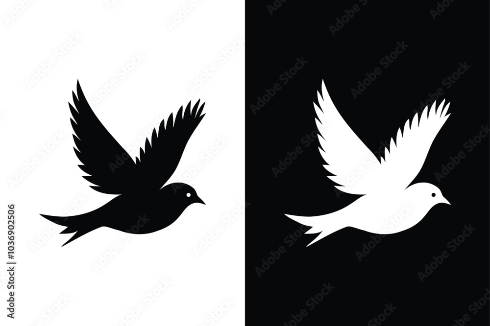 Obraz premium Birds black and white royalty free vector icon silhouettes. Dove Icon on Black and White Vector Background. 