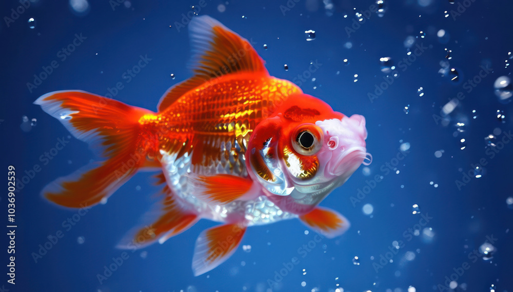 A single goldfish with orange and white scales swims in a blue aquarium with bubbles. A single goldfish with orange and white scales swims in a blue aquarium with bubbles.