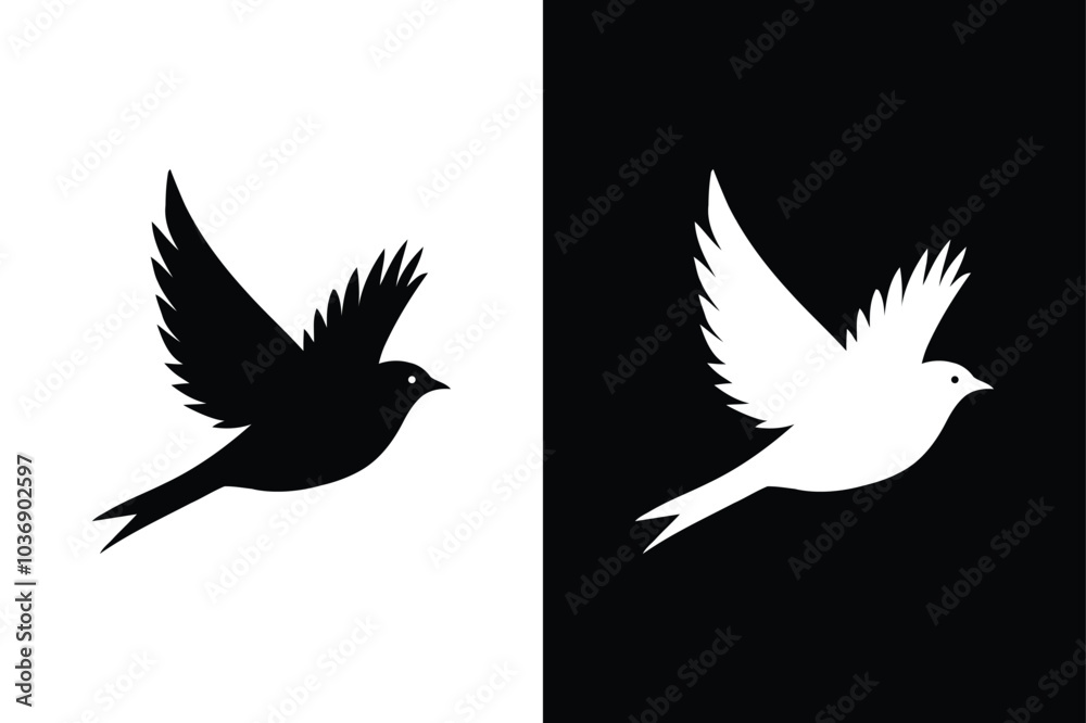 Obraz premium Birds black and white royalty free vector icon silhouettes. Dove Icon on Black and White Vector Background. 