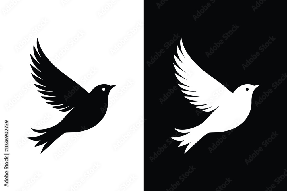 Obraz premium Birds black and white royalty free vector icon silhouettes. Dove Icon on Black and White Vector Background. 