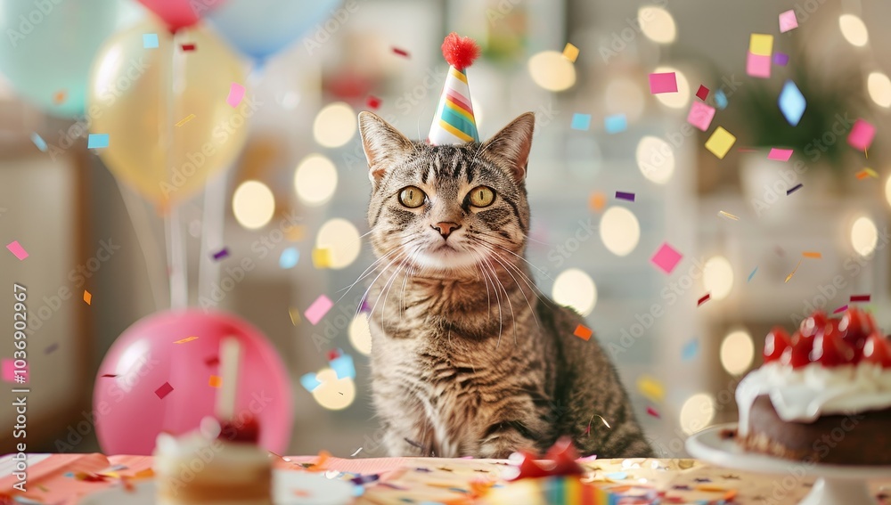 Playful Cat Wearing Birthday Hat Surrounded by Cake and Balloons Playful Cat Wearing Birthday Hat Surrounded by Cake and Balloons