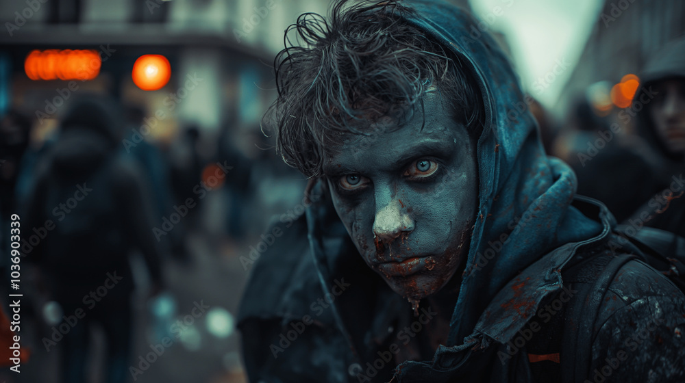Intense blue-eyed zombie in tattered hoodie amidst a crowded street Intense blue-eyed zombie in tattered hoodie amidst a crowded street