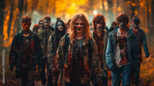 Group of bloodied zombies walking through a forest at sunset