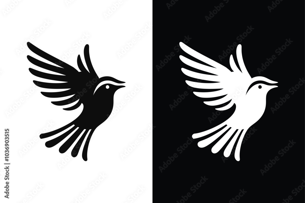 Fototapeta premium Birds black and white royalty free vector icon silhouettes. Dove Icon on Black and White Vector Background. 