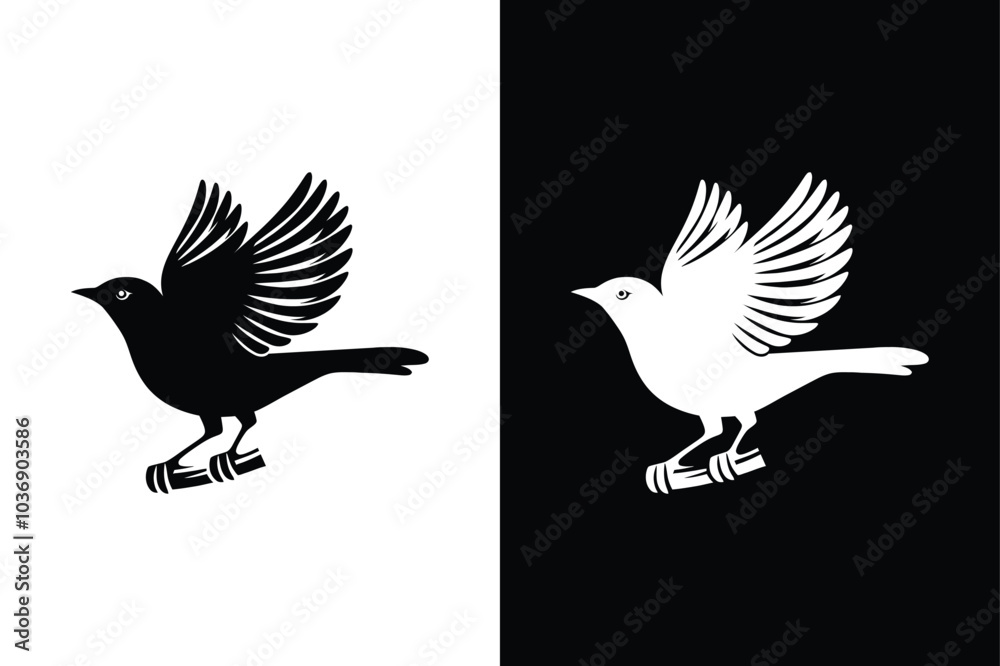 Fototapeta premium Birds black and white royalty free vector icon silhouettes. Dove Icon on Black and White Vector Background.