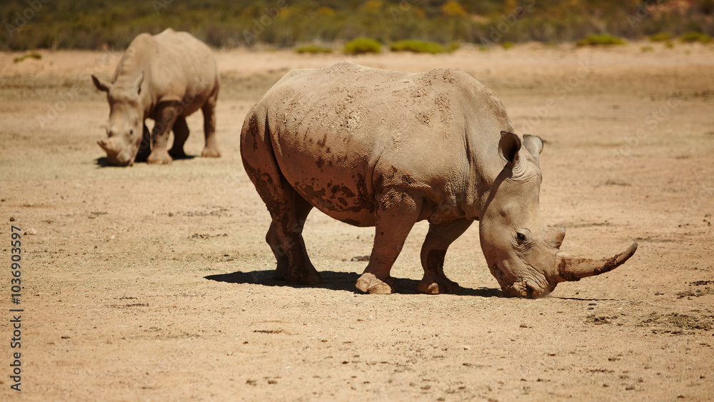 Naklejka premium Rhino, safari and wildlife conservation for environment, indigenous and nature with endangered species. Animals, herbivore and grassland with ecosystem, habitat and sustainability for biodiversity