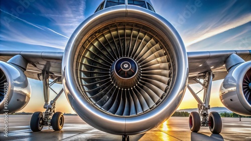 High-angle close-up view of a commercial airliner's powerful turbofan engine, revealing intricate details of the cowling, blades, and surrounding mechanical components.