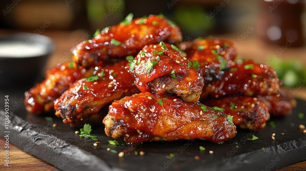 Fototapeta premium Tasty-looking barbecue chicken wings with a thick, flavorful glaze on a black slate board.