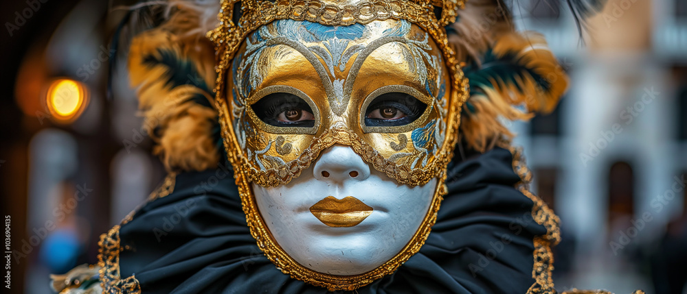 Venetian masquerade mask with gold ornate details and feathers. Banner or header Venetian masquerade mask with gold ornate details and feathers. Banner or header